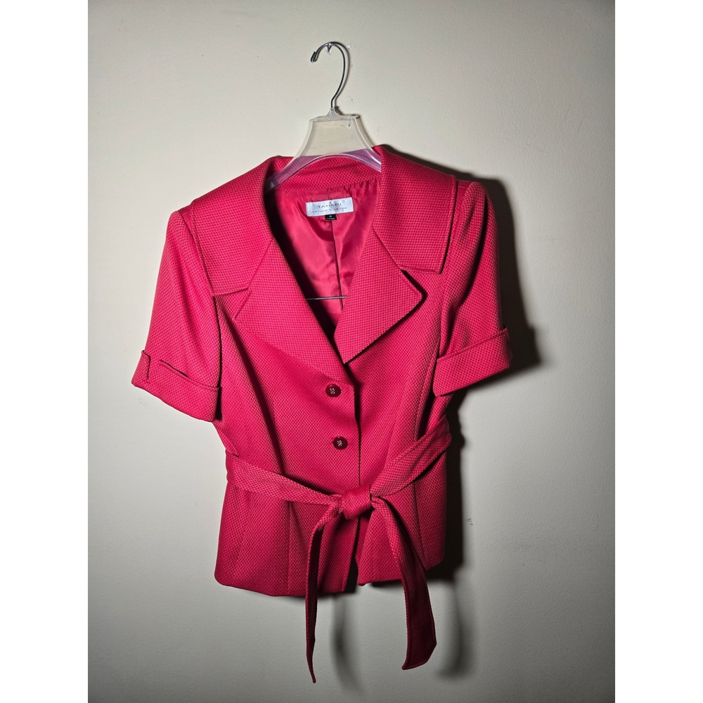 Tahari Skirt Suit Women 12 Red Excellent Short Sleeve Blazer Belted Pencil Skirt - Picture 5 of 13